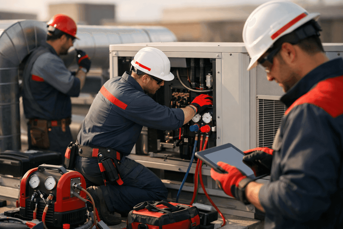 Close-up of HVAC technician’s gloved hands adjusting thermostat in mechanil room