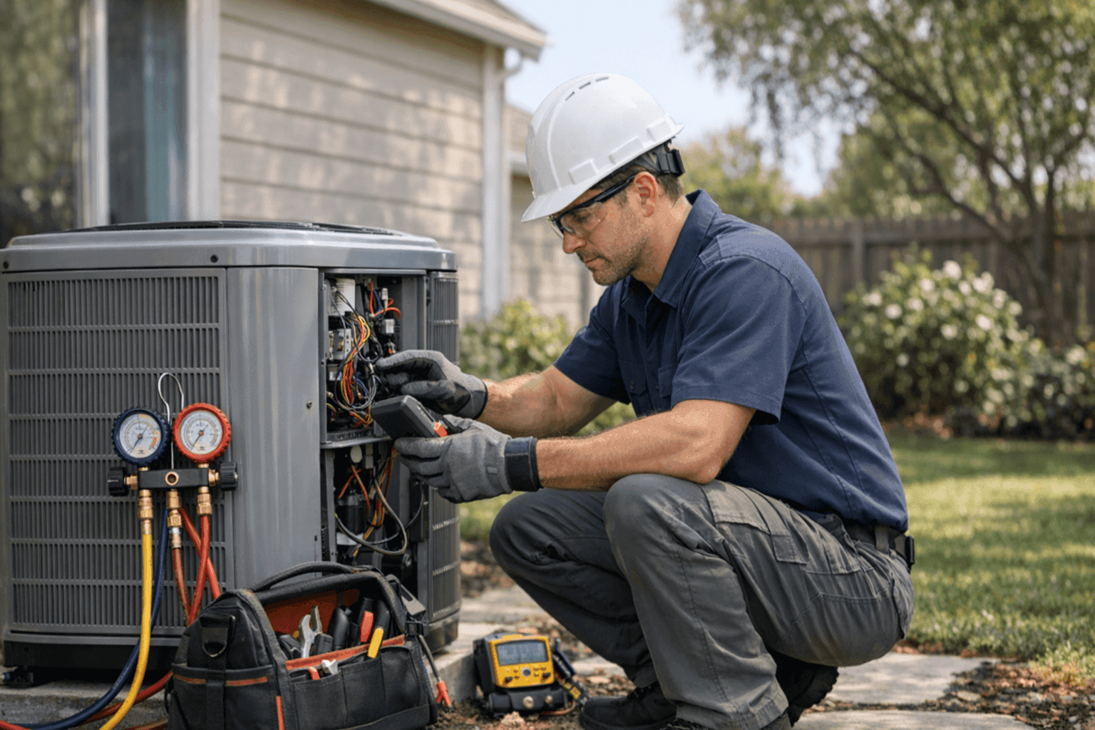 Technician inspecting HVAC unit in a suburban Dublin, CA home