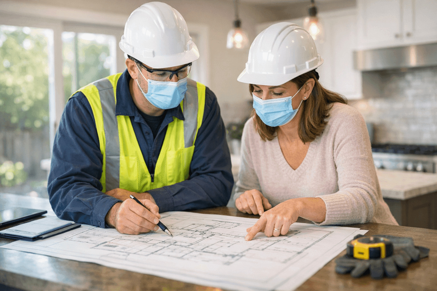 Technician reviewing HVAC installation plans with homeowner in Dublin, CA