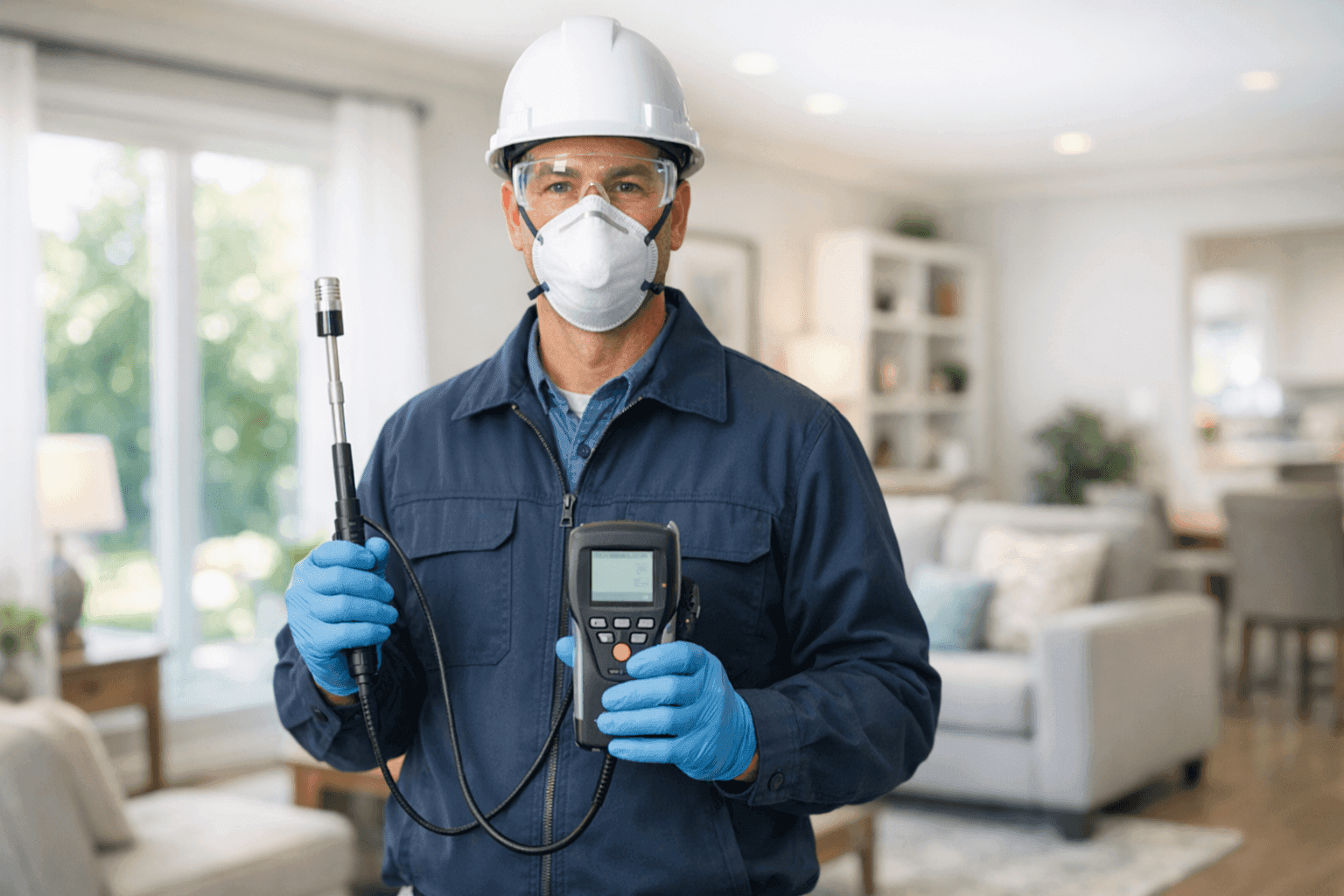 Technician testing indoor air quality in a Dublin, CA living room