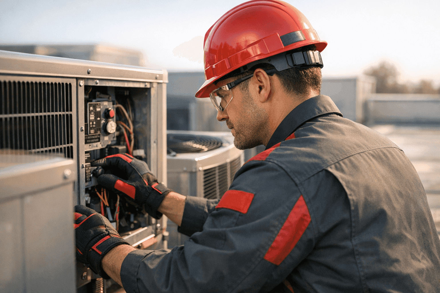 HVAC technician in safety gear adjusting rooftop unit controls on a residential roof