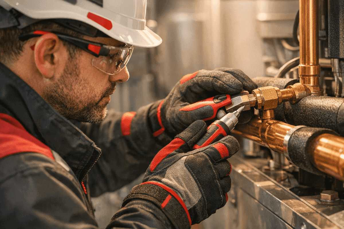 Close-up of HVAC technician’s gloved hands adjusting thermostat in mechanil room